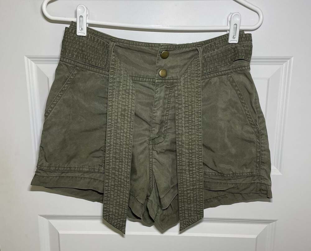 Abercrombie Fitch Womens S Paperbag Shorts Green Belt Smocked Elastic High Waist